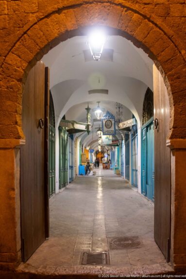 Empty covered market corridor with blue-green closed stalls, white vaults, ceiling fans, and hanging lights viewed through a brick arch.