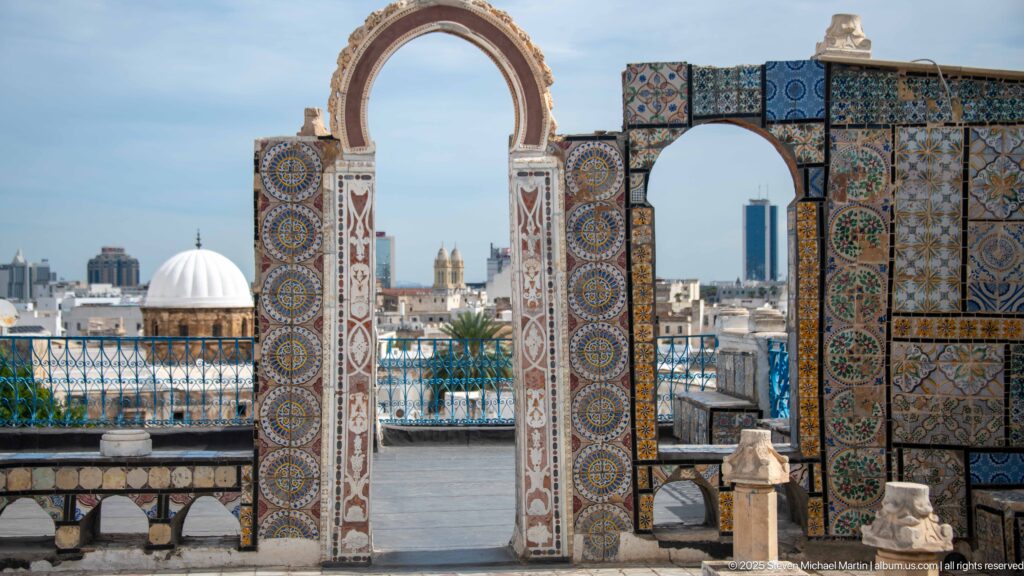 Two richly tiled rooftop arches framing white domes, palms, and modern buildings on the Tunis skyline.