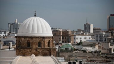 White ribbed dome on an octagonal masonry drum rising above the dense urban roofs of Tunis.