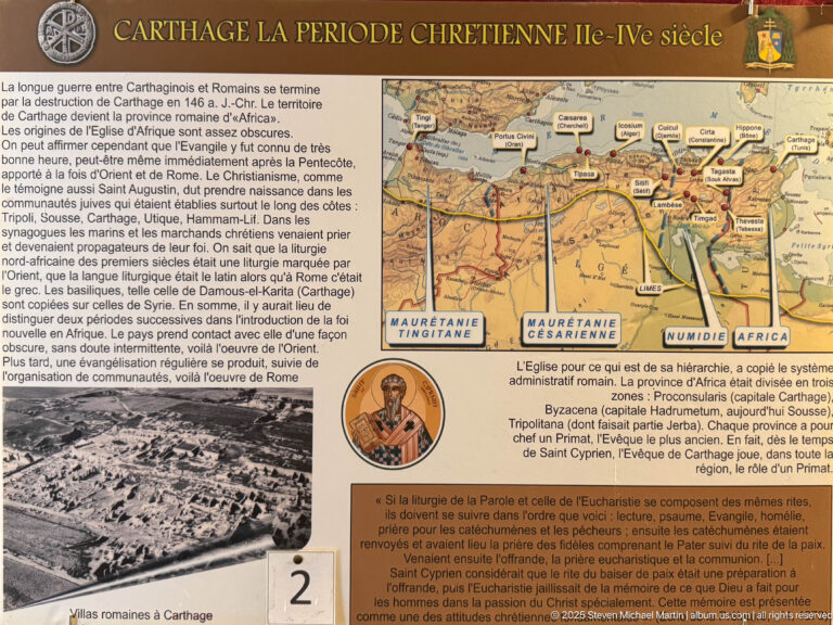 French panel on North African Christianity from the 2nd to 4th centuries with Roman province map, text, portrait medallion, and archaeological image.