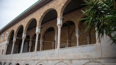 Upper-level stone arcade with repeated arches, slender columns, pale parapet, dark timber ceiling, and palm fronds.