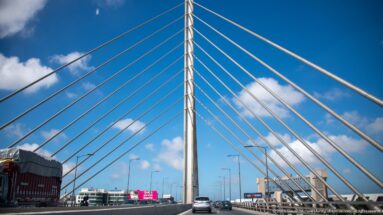 Cars travel beneath a central bridge pylon with diagonal stay cables fanning across a blue sky.