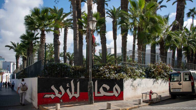 Black, white, and red painted wall borders tall palms and flowering greenery beside a Casablanca sidewalk.