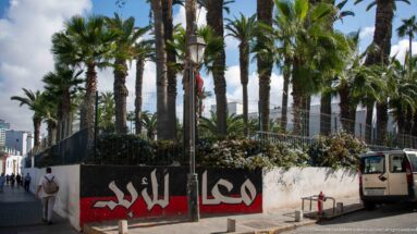 Black, white, and red painted wall borders tall palms and flowering greenery beside a Casablanca sidewalk.