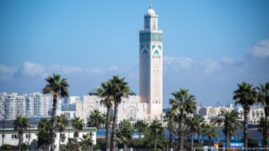Hassan II Mosque minaret rising above palms and the mosque complex, with Casablanca apartment blocks in the background.