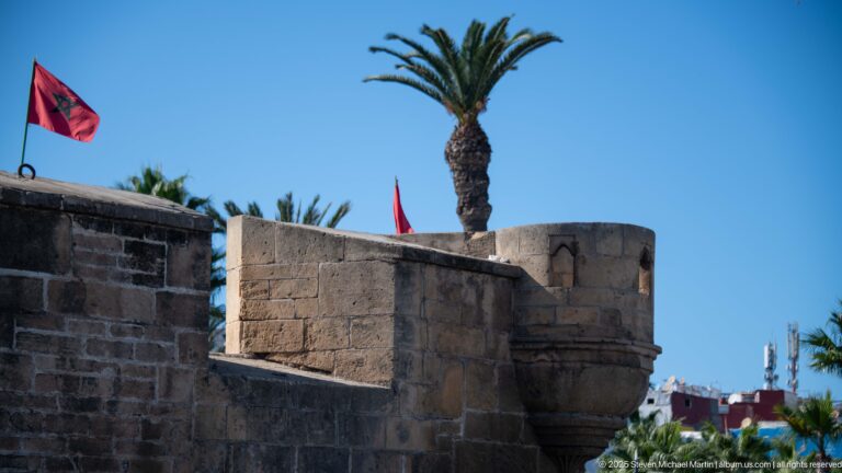 Rounded stone turret with a narrow opening projects from a fortified wall beneath a palm tree.