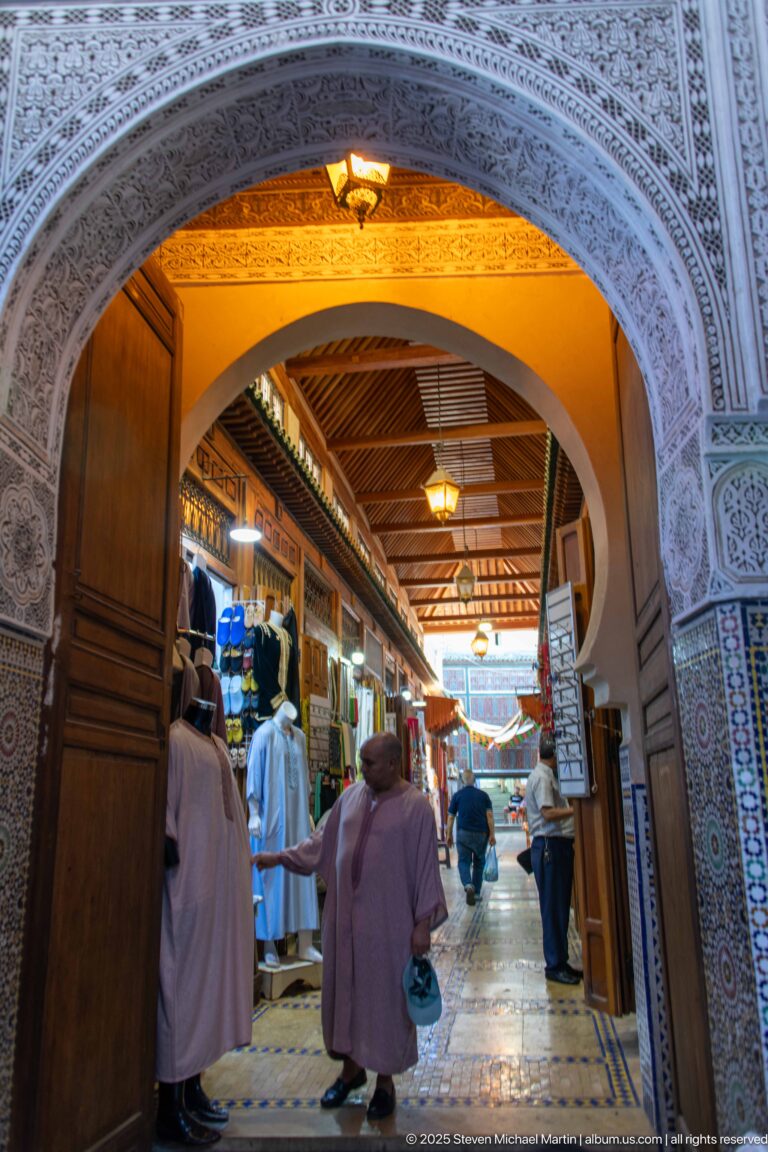 Ornamented horseshoe arch with carved plaster and zellij framing a busy covered market passage beyond.