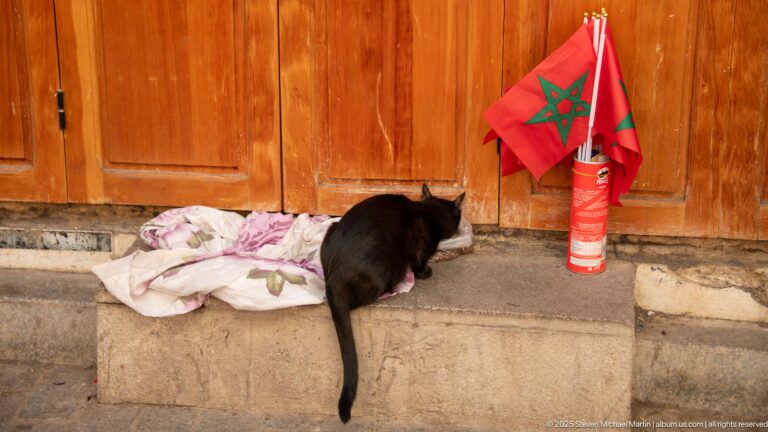 Black cat on a stone ledge beside a red Moroccan flag and fire extinguisher against closed wooden doors.