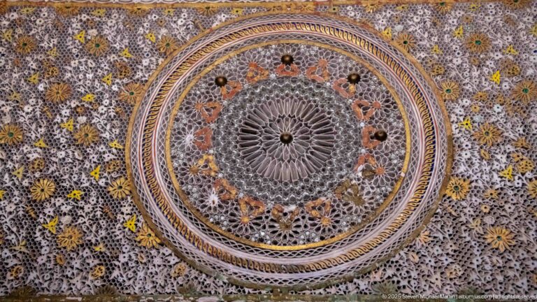 Close-up of a circular ornamental medallion with concentric carved bands, radial center, floral motifs, and braided border.