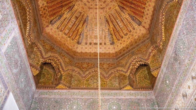 Upward view of a richly carved and painted polygonal wooden ceiling with radiating ribs and scalloped arches.