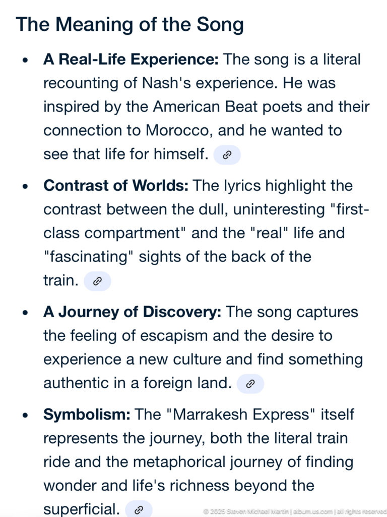 Web page discussing “Marrakesh Express,” with bullet points about Morocco, travel, cultural contrast, and the song’s symbolism.