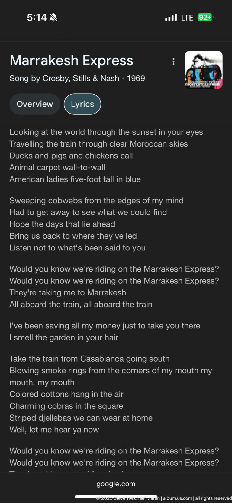 Dark lyrics web page for “Marrakesh Express,” showing multiple verses and repeated references to riding the train.