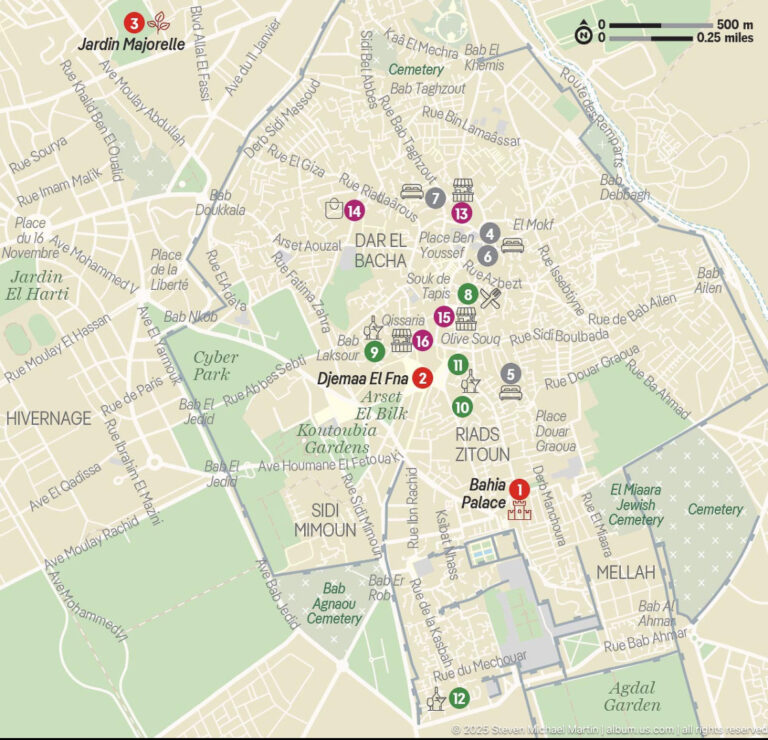 Visitor map of central Marrakech with numbered attraction markers, streets, districts, and labels for major historic landmarks.