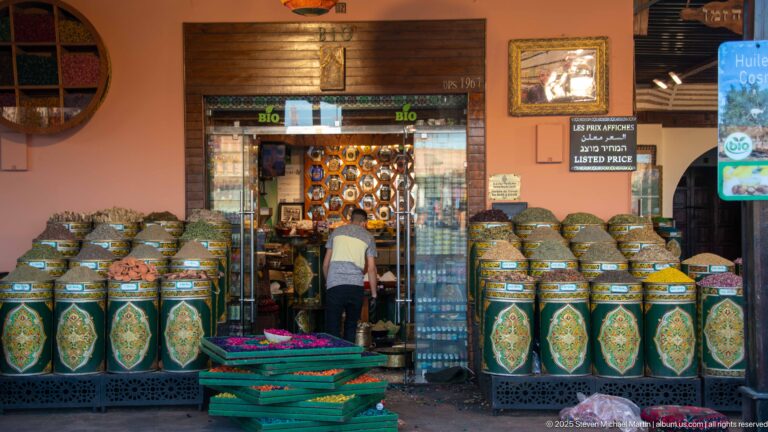 Spice and dry-goods shop with large patterned sacks, open bins, stacked products, and a customer inside.