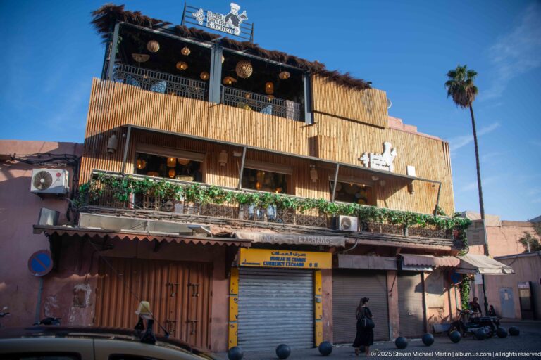 Pink multi-level commercial building with shuttered shops, planted balconies, timber screening, rooftop terrace, and a tall palm.