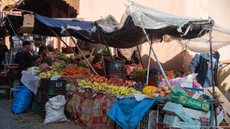 Shaded Marrakech produce stall with stacked tomatoes, carrots, citrus, melons, crates, sacks, and improvised canvas awnings.