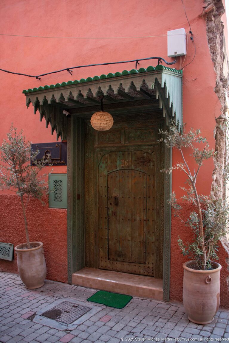 Studded carved wooden door beneath a green timber canopy, flanked by two potted trees against a red-pink wall.