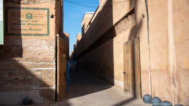 Narrow Badii Palace entry passage between tall earthen walls, with a bilingual site sign and a wooden door.