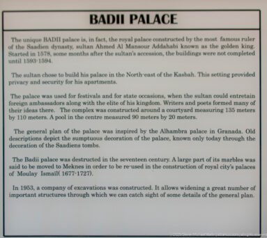 Historical information panel at Badii Palace describing the Saadian palace, Ahmed al-Mansour, construction, later dismantling, and excavations.
