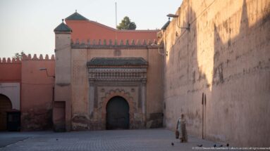 Decorated arched green doorway with tiled canopy in a pink wall near Badii Palace, with a pedestrian crossing the lane.
