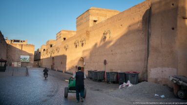 Long sunlit earthen wall of Badii Palace beside a narrow lane with lamps, bins, and a carriage in the distance.