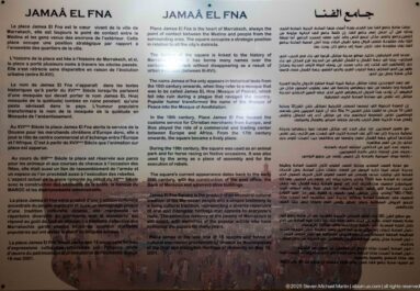 Trilingual interpretive panel about Jamaa el Fna and its historic cultural role in Marrakech.