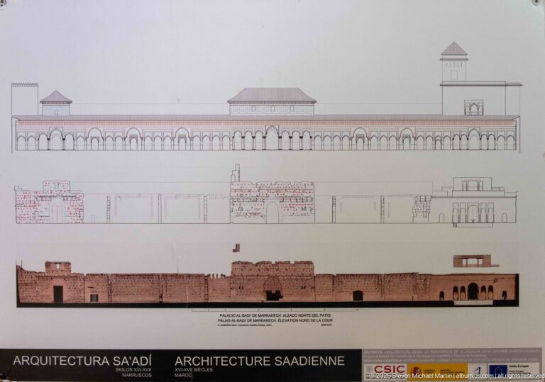 Architectural elevation sheet reconstructing a long Badii Palace façade above measured drawings and a rendered view of surviving walls.