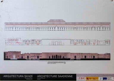 Research panel comparing a reconstructed arcaded Badii Palace elevation with measured drawings and surviving wall remains.