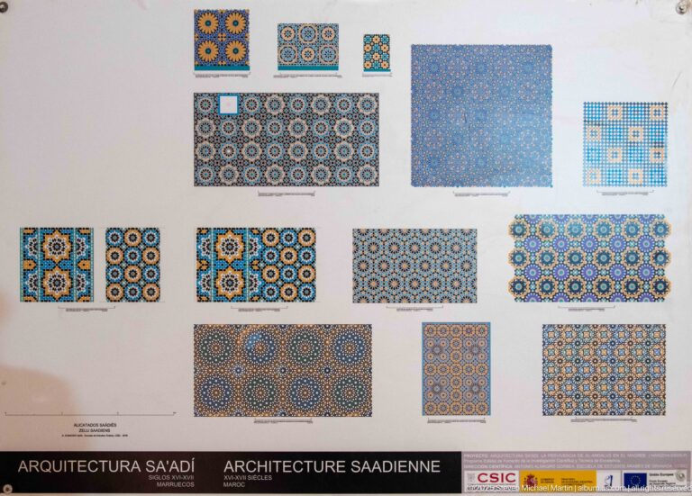 Research panel displaying multiple colored zellij pattern samples associated with Saadian architecture.