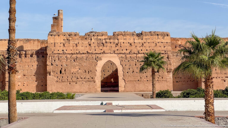 Large pointed arch in a weathered earthen wall framed by palm trees inside Badii Palace.