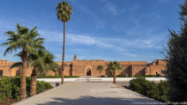 Wide palm-lined courtyard at Badii Palace with long earthen walls and a distant arched opening.