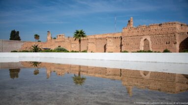 Long reddish Badii Palace wall and palms reflected in a shallow rectangular basin under a blue sky.