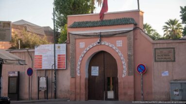 Salmon-pink Bahia Palace entrance with green-tiled canopy, Moroccan flag, arched wooden doorway and official signs in Marrakech.