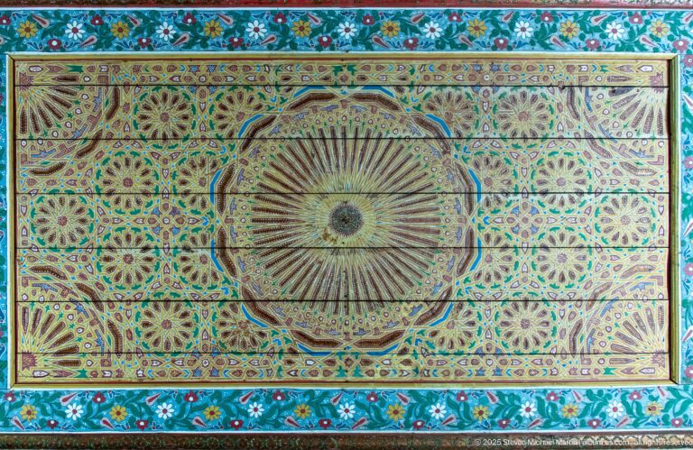 Rectangular Bahia Palace painted ceiling panel with large radial rosette and turquoise floral border.