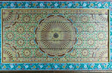 Rectangular Bahia Palace painted ceiling panel with large radial rosette and turquoise floral border.