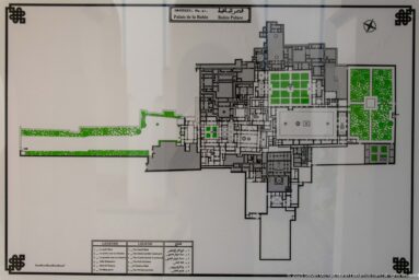 Bahia Palace site plan with rooms in black linework and courtyards and gardens highlighted in green.