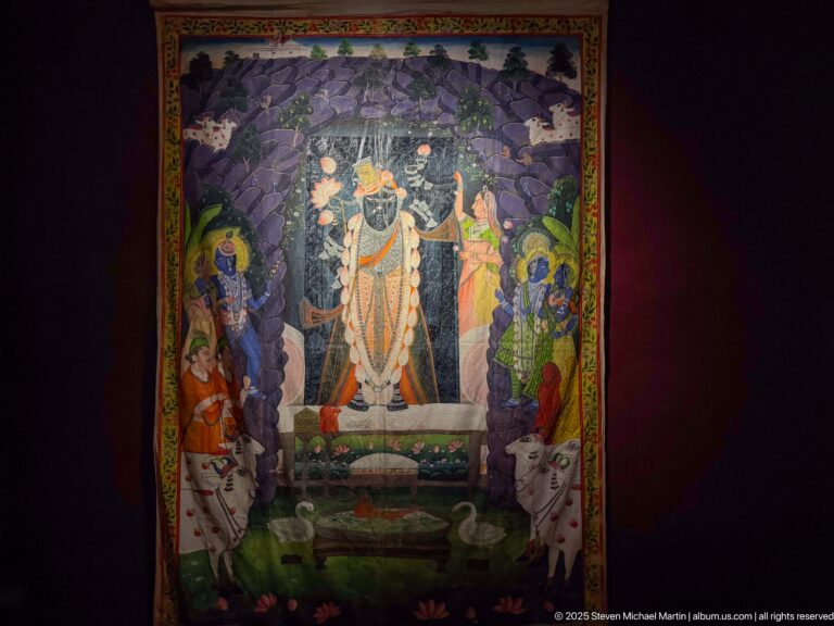 Indian pichhwai with dark Shrinathji at center, richly dressed attendants, white cattle, flowers, and a dense leafy canopy.
