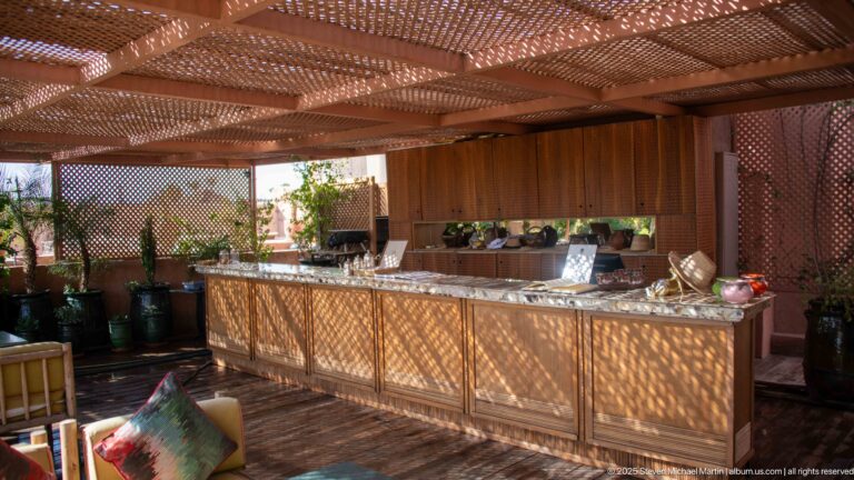 Long rooftop bar under a woven wooden canopy, with lattice shadows, plants, and open terrace sides.