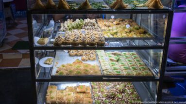 Glass display case filled with layered, rolled, and nut-topped pastries in several trays.