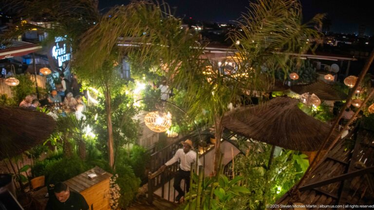 Night view over a lush restaurant terrace with palms, hanging lights, railings, and thatched shade structures.