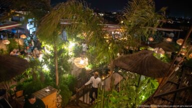 Night view over a lush restaurant terrace with palms, hanging lights, railings, and thatched shade structures.