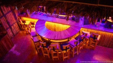 Curved wooden bar with stools in a purple- and amber-lit interior.