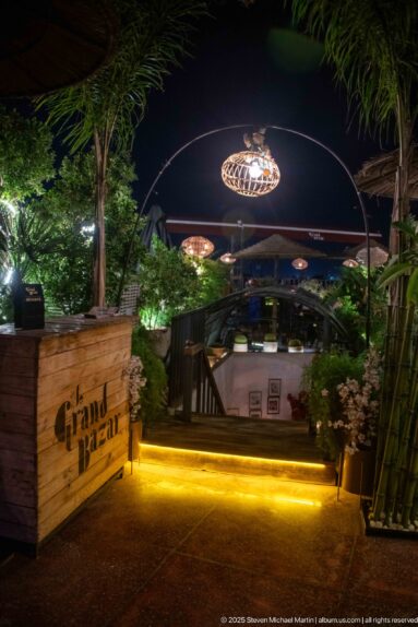 Night entrance to Grand Bazar with glowing steps, plants, and dark timber railings.