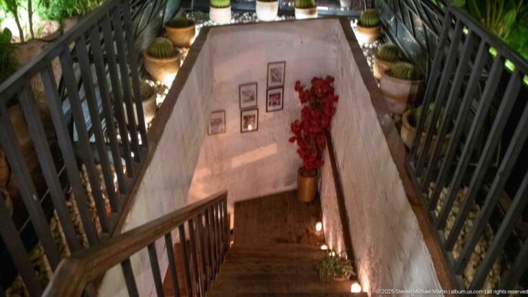 Narrow stairwell with dark railings, framed pictures, plants, and small candles.