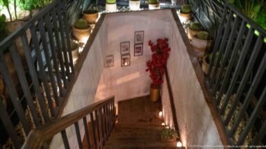 Narrow stairwell with dark railings, framed pictures, plants, and small candles.