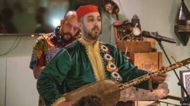 Musician in green embroidered clothing and red fez playing a long-necked bowed string instrument.