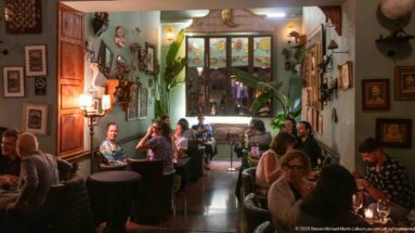 Narrow restaurant dining room with seated patrons, framed art, plants, and warm lighting.