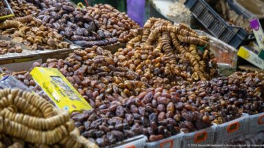 Large market display of dates in golden, brown, and dark varieties arranged in piles and strings.