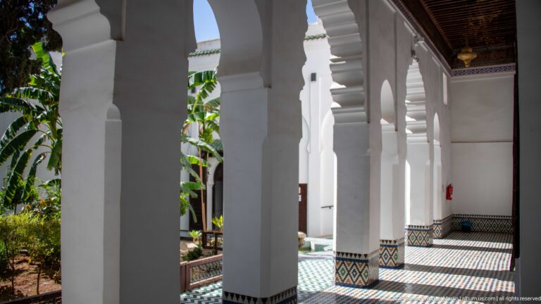 White horseshoe-arched courtyard arcade with zellij-wrapped pier bases, patterned floor, and garden foliage.