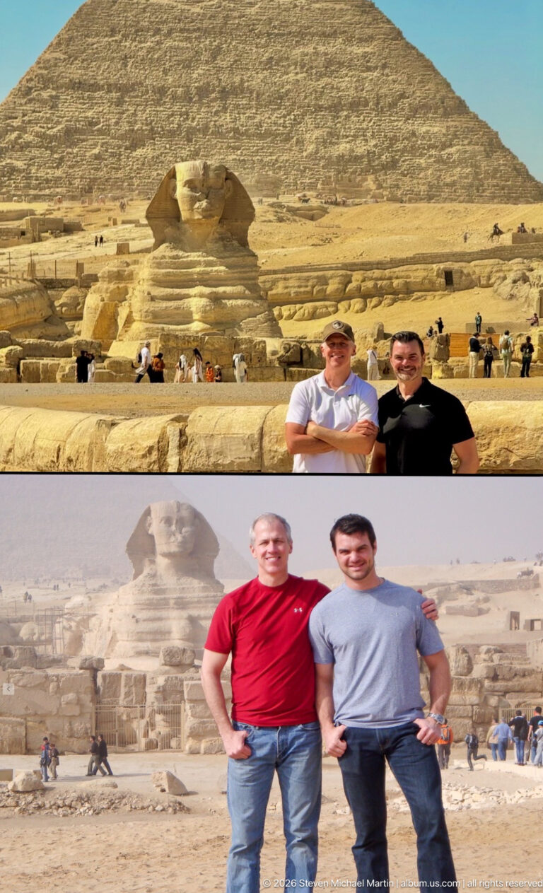 Two-panel collage showing pairs of men posing at the Great Sphinx, with a pyramid visible in the upper scene.